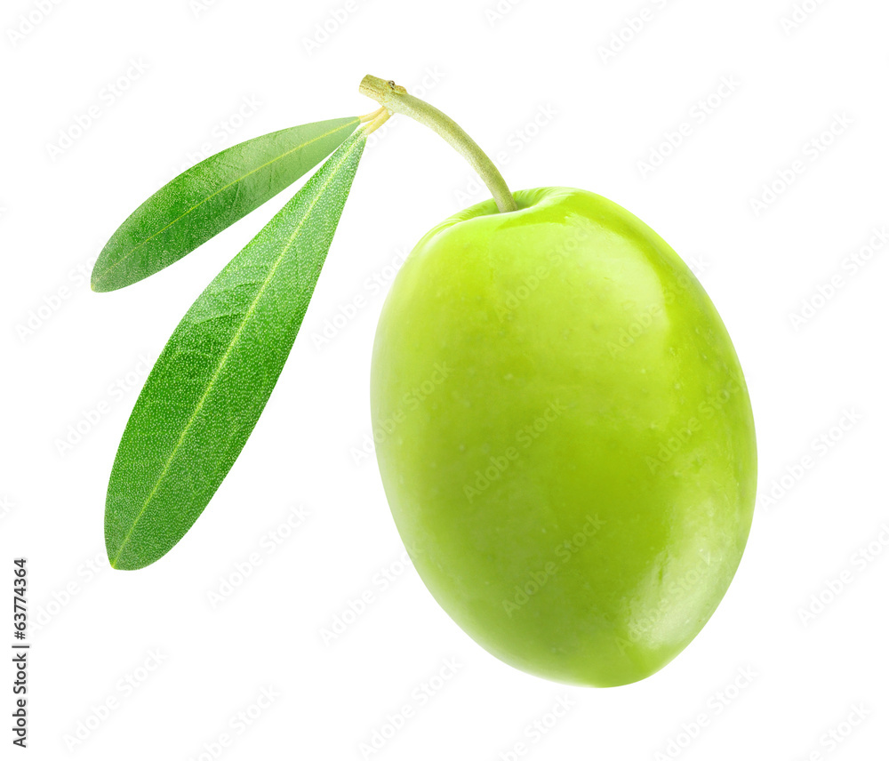 孤立的橄榄。一种绿色橄榄果实，白色背景上有孤立的叶子