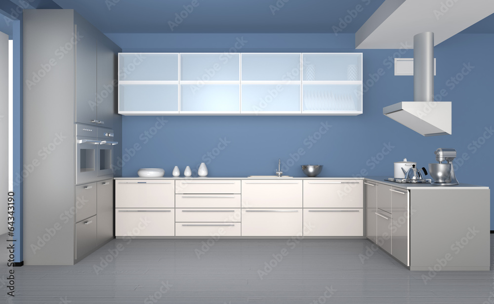 浅蓝色壁纸的现代厨房内部