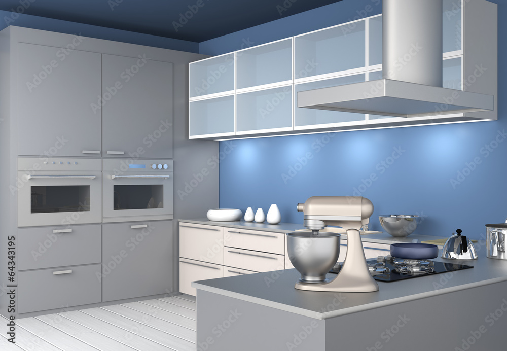 浅蓝色壁纸的现代厨房内部