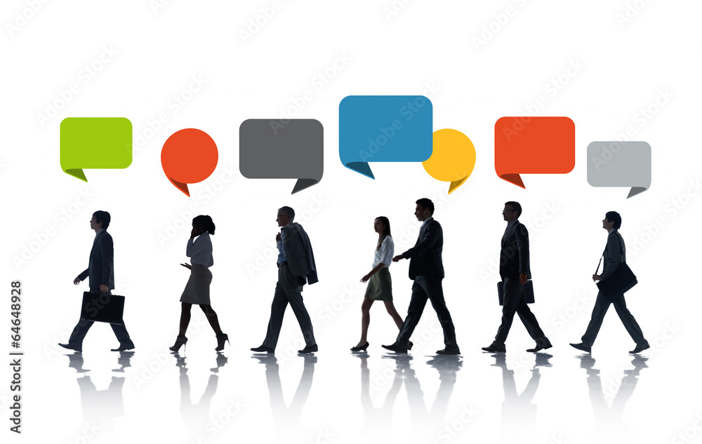 Multiethnic Business People Walking in a Row with Speech Bubble