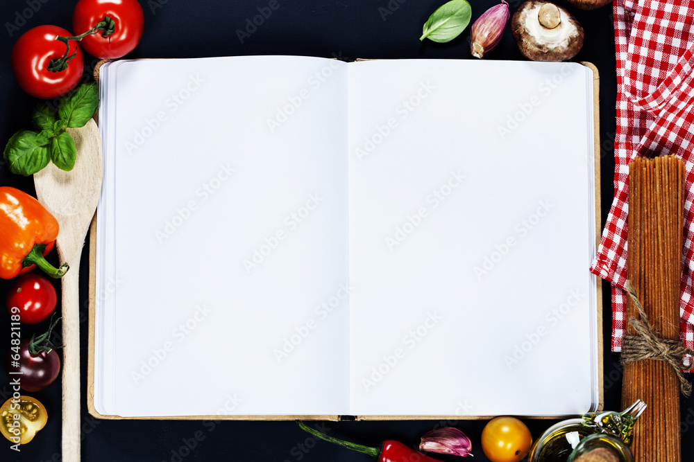 Open Notebook and Fresh Vegetables Background
