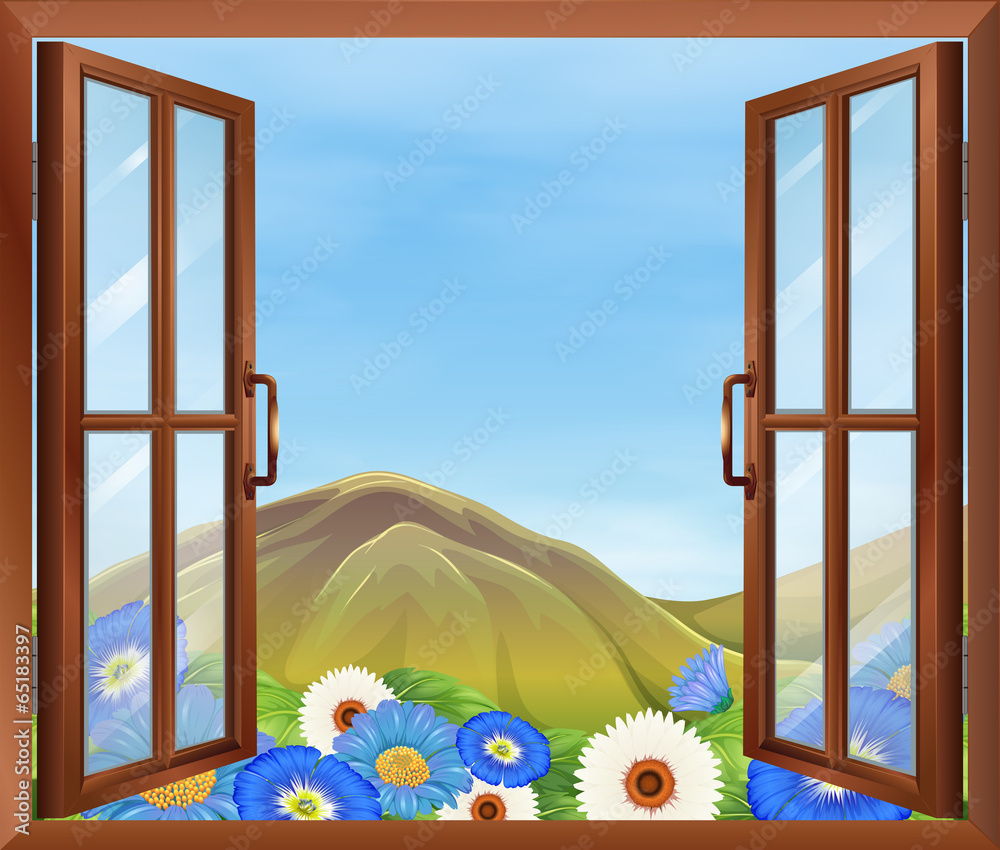 A window with flowers outside