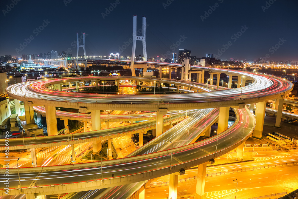 夜晚美丽的上海南浦大桥