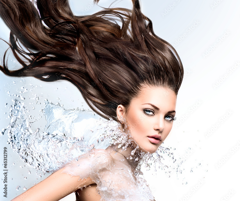 Model girl with water splash collar and long blowing hair