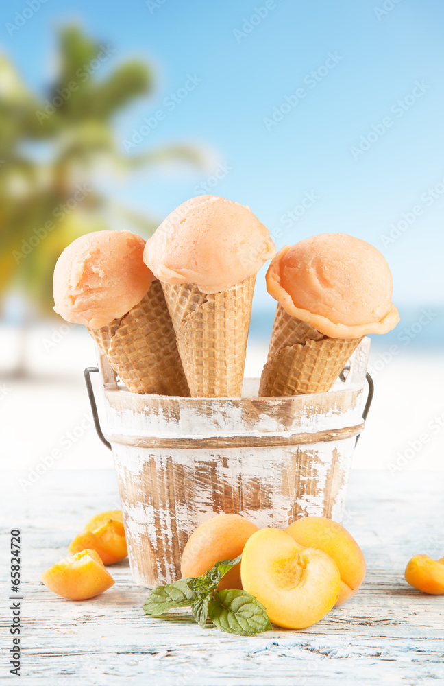 杏子冰淇淋勺，锥形，带模糊海滩