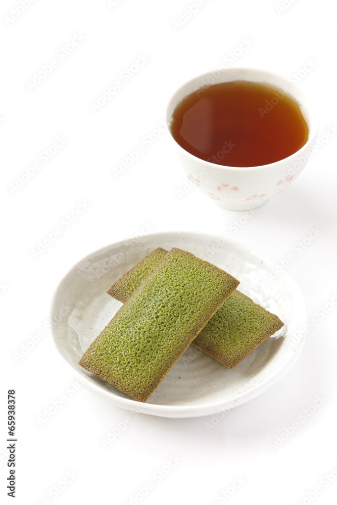 maccha green tea financier cake and cup of tea