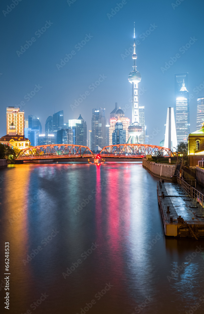 garden bridge and shanghai skyline at night