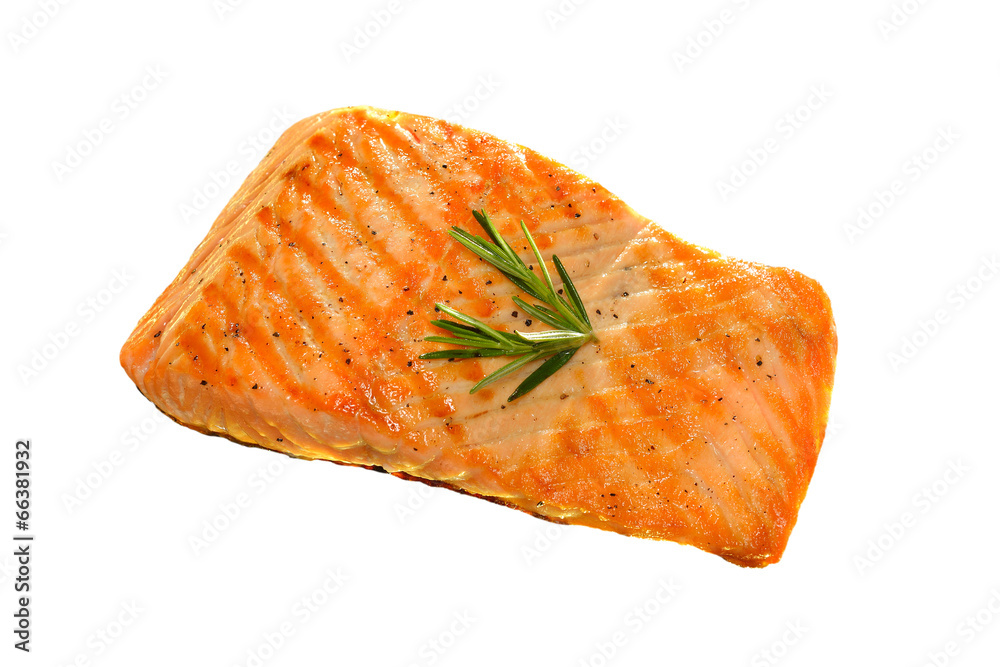 Grilled salmon isolated on white background.