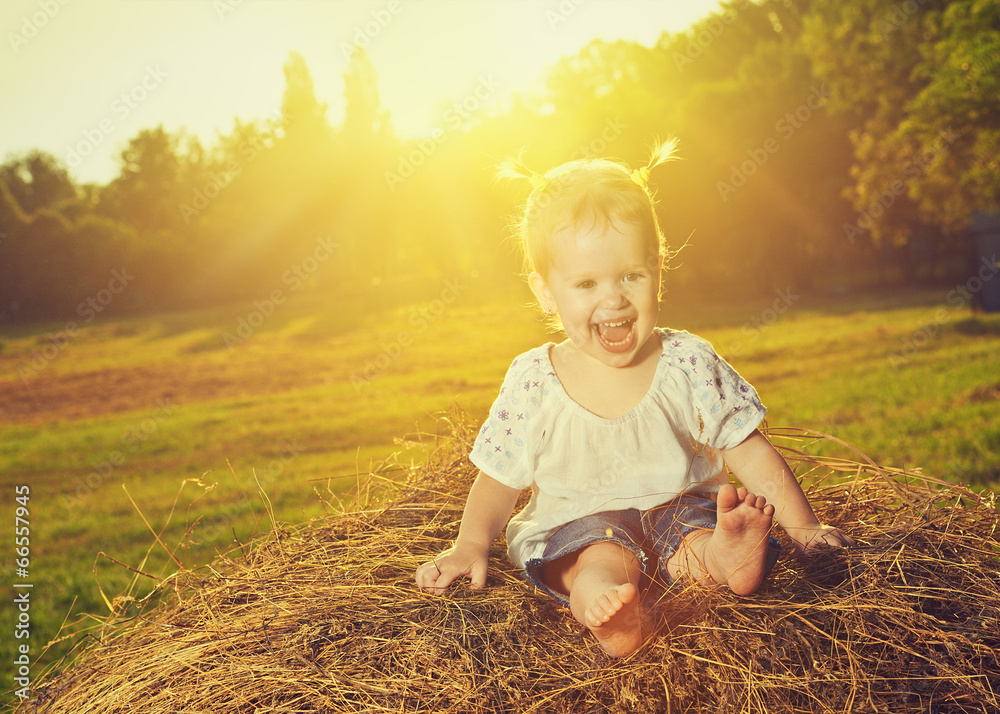 快乐的女婴在夏天的干草上大笑