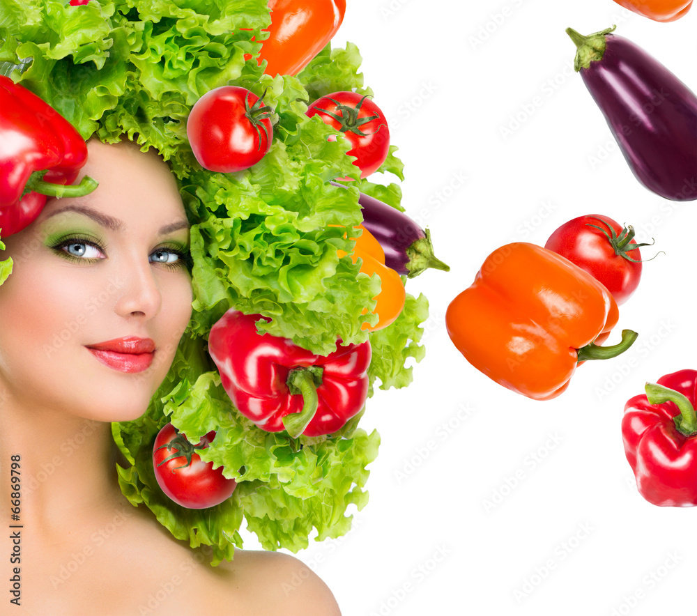 Beauty girl with vegetables hairstyle. Dieting concept