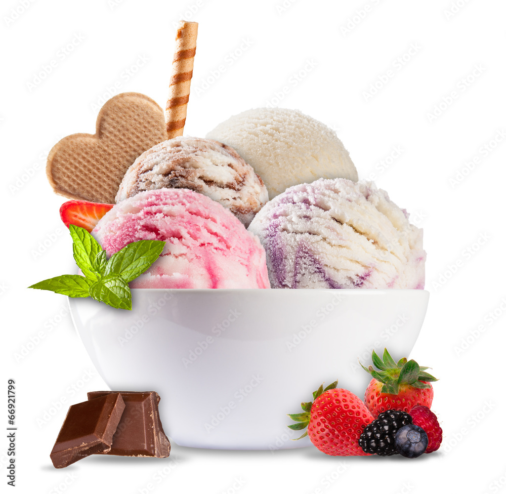 Ice cream in porcelain bowl on white background