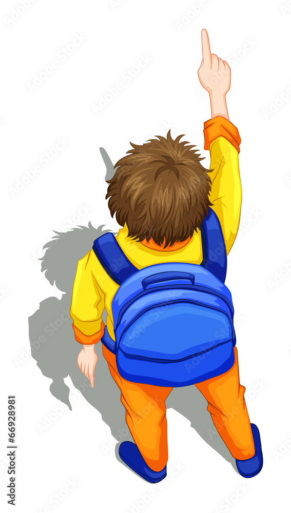 A topview of a boy with a blue backpack
