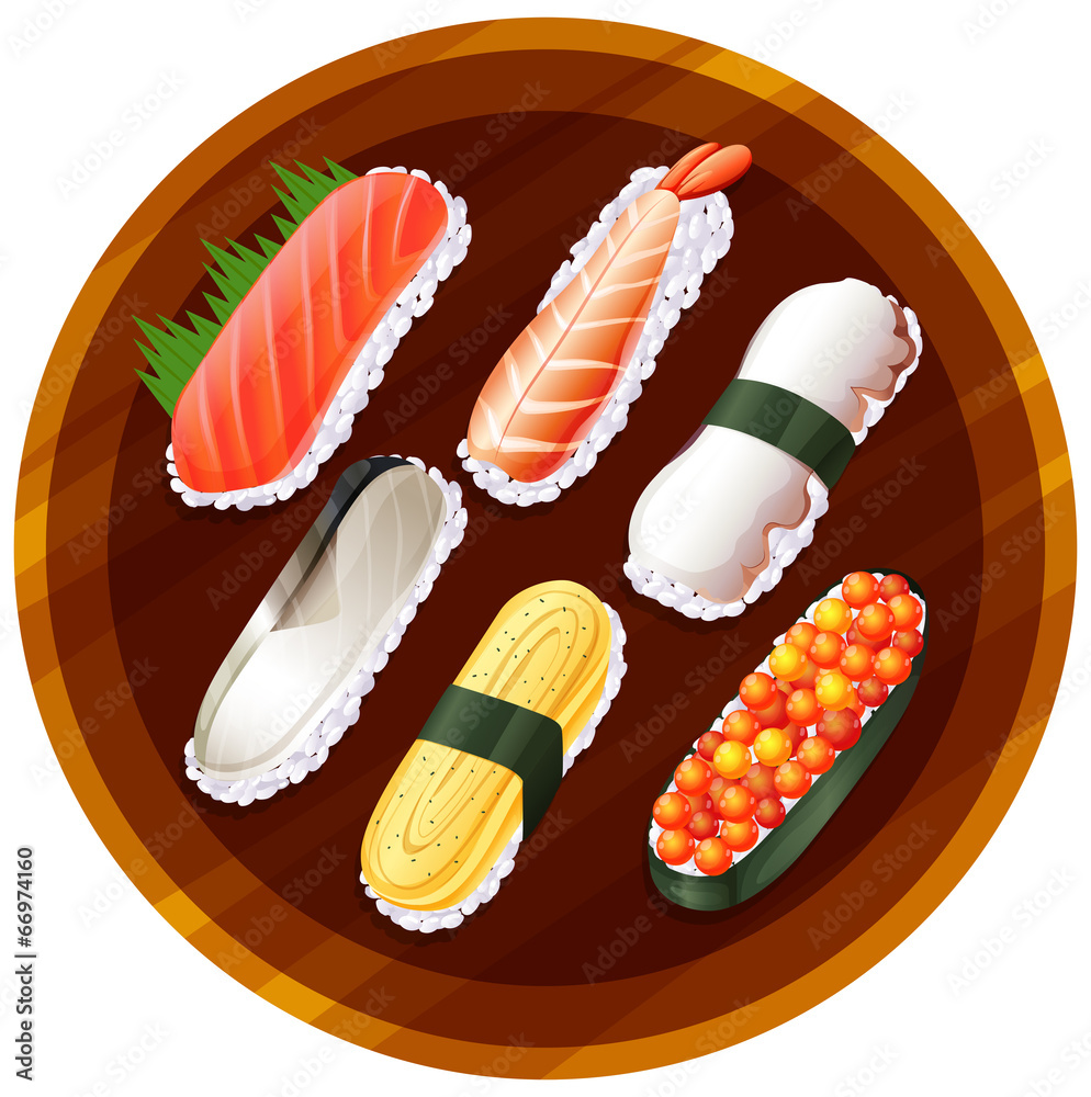 不同口味寿司的俯视图