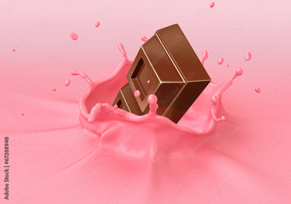 Chocolate blocks splashing into a pink milkshake.