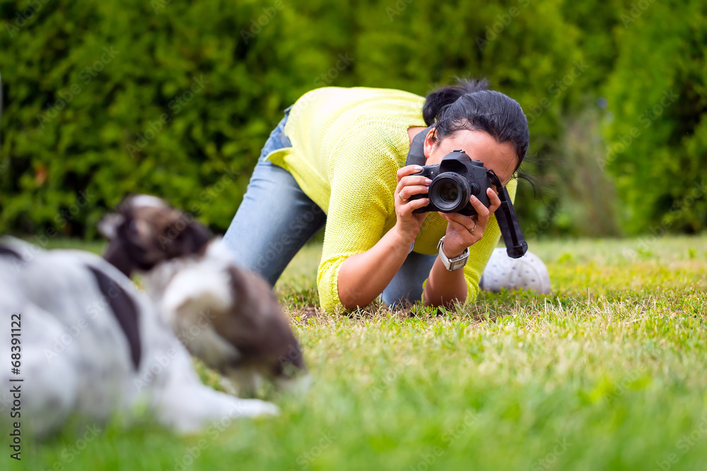 年轻摄影师拍狗狗玩耍的照片