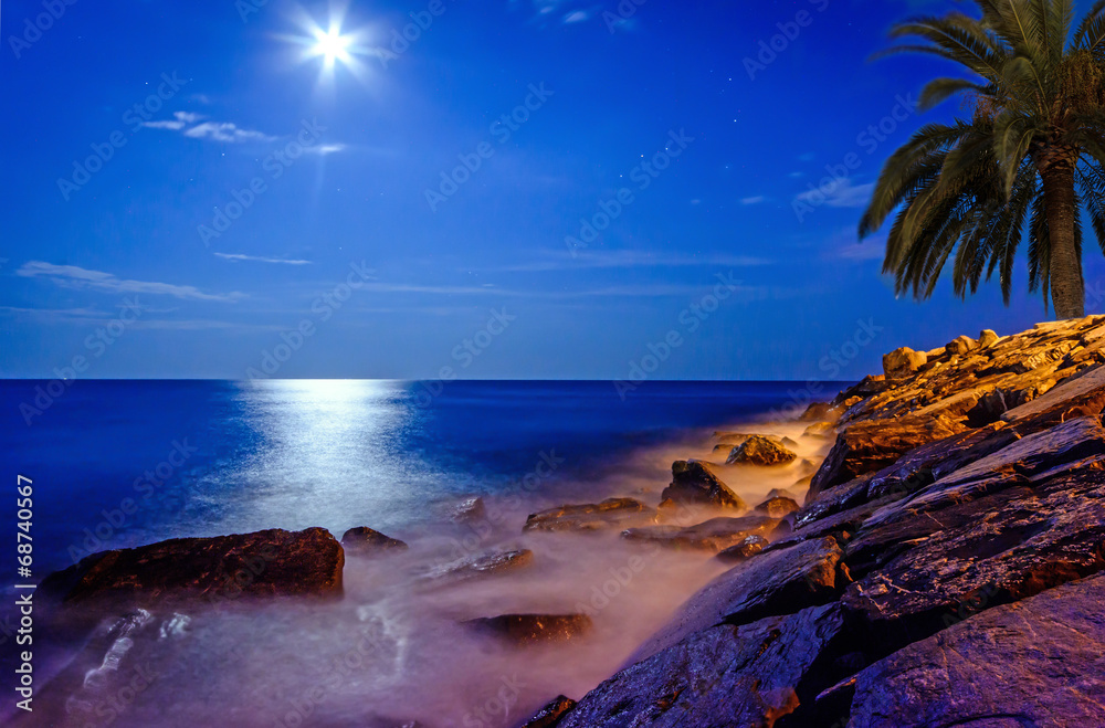 Mondschein über dem Meer an einer Felsküste