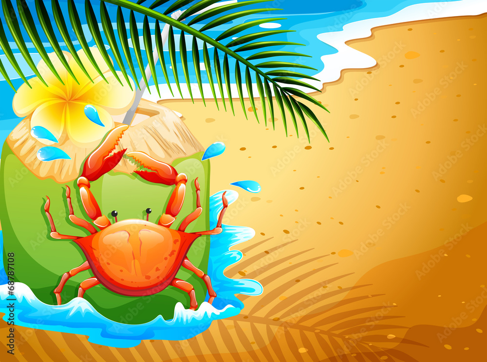 海滩上有清爽的椰子饮料和螃蟹