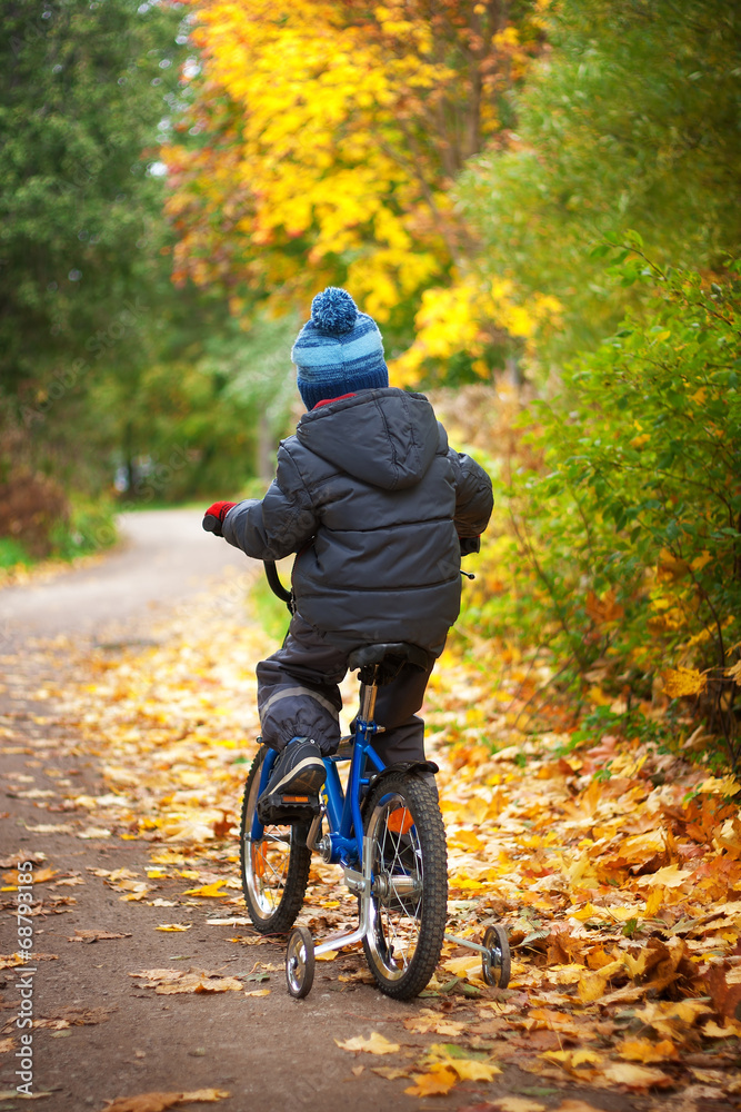一个男孩在秋天骑自行车