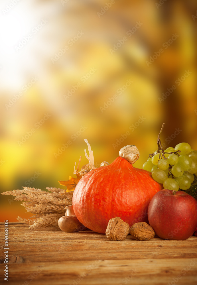 秋季收获的木质水果和蔬菜