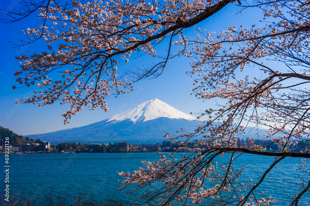 富士山，从日本川口湖看富士山，带着雪