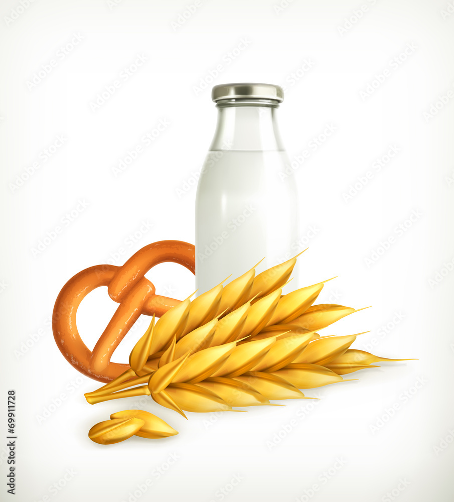 小麦、牛奶和面包，分离的矢量插图