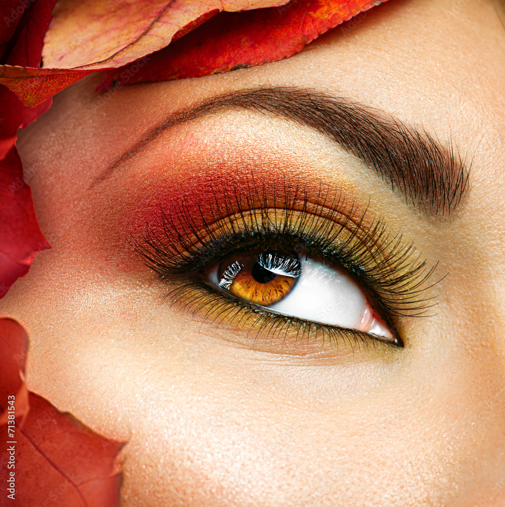秋天为棕色眼睛化妆。特写时尚化妆