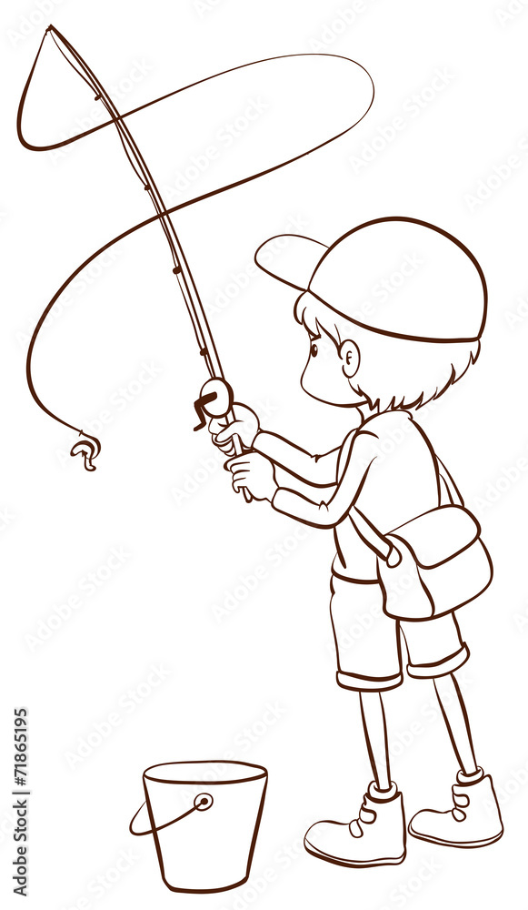 一个男孩钓鱼的简单素描