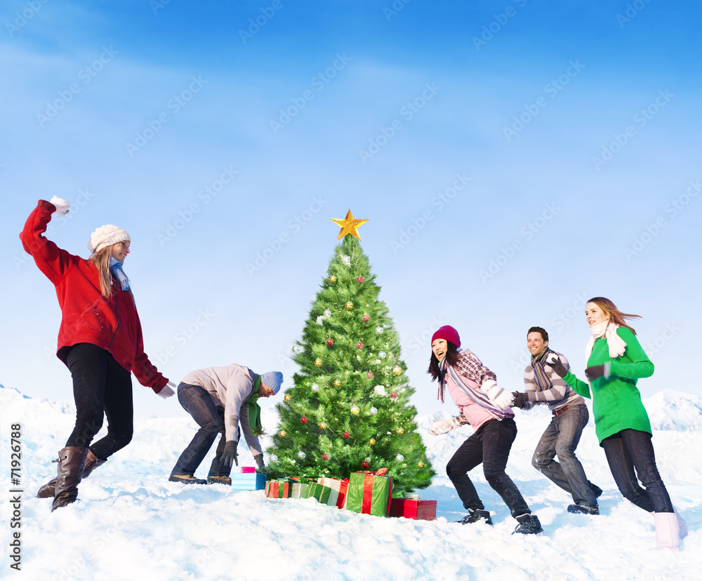 朋友在圣诞树周围扔雪球