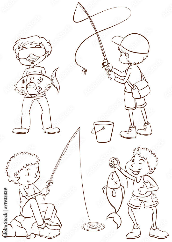 男孩钓鱼的简单草图