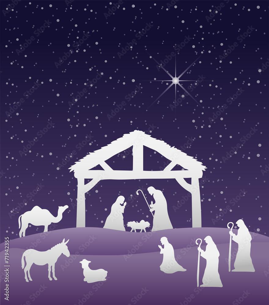 星空下的耶稣诞生场景向量