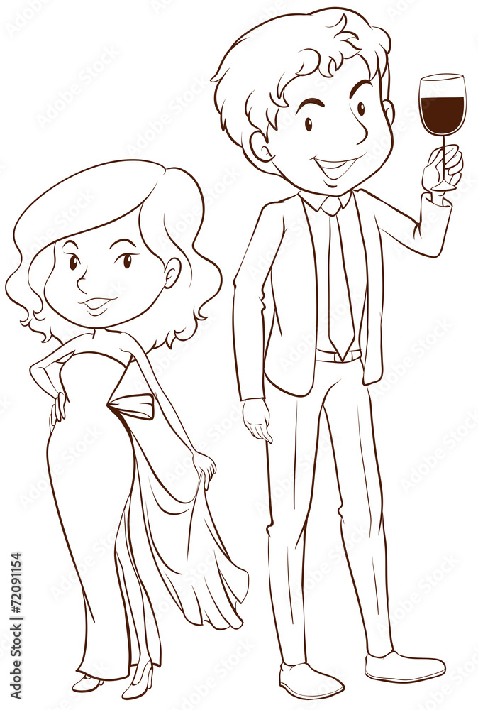 一个男孩和一个女孩穿着正式服装的普通素描
