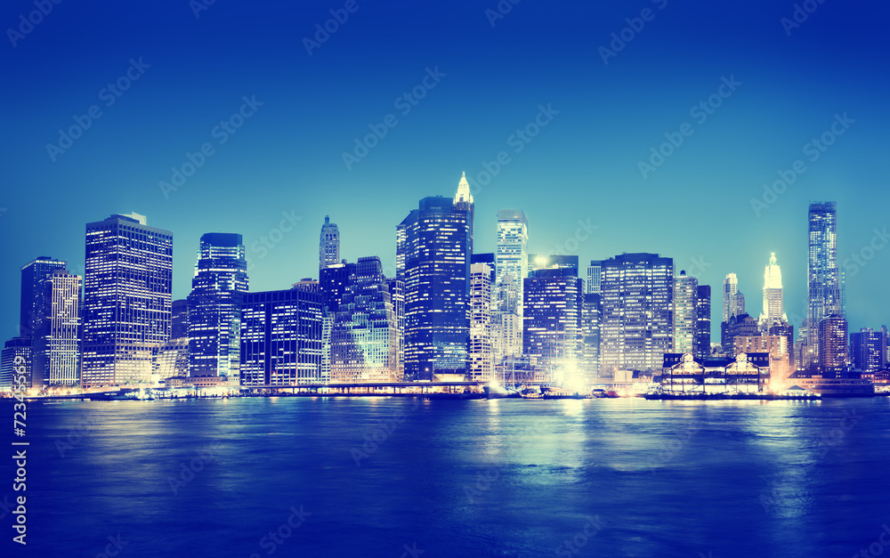 纽约市全景夜建筑概念