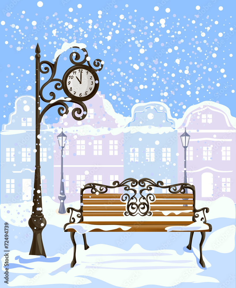 带街道时钟和长椅的冬季城市景观