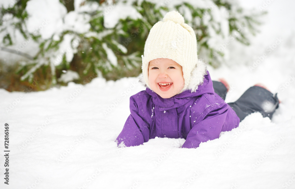 Happy child baby girl in snow  winter