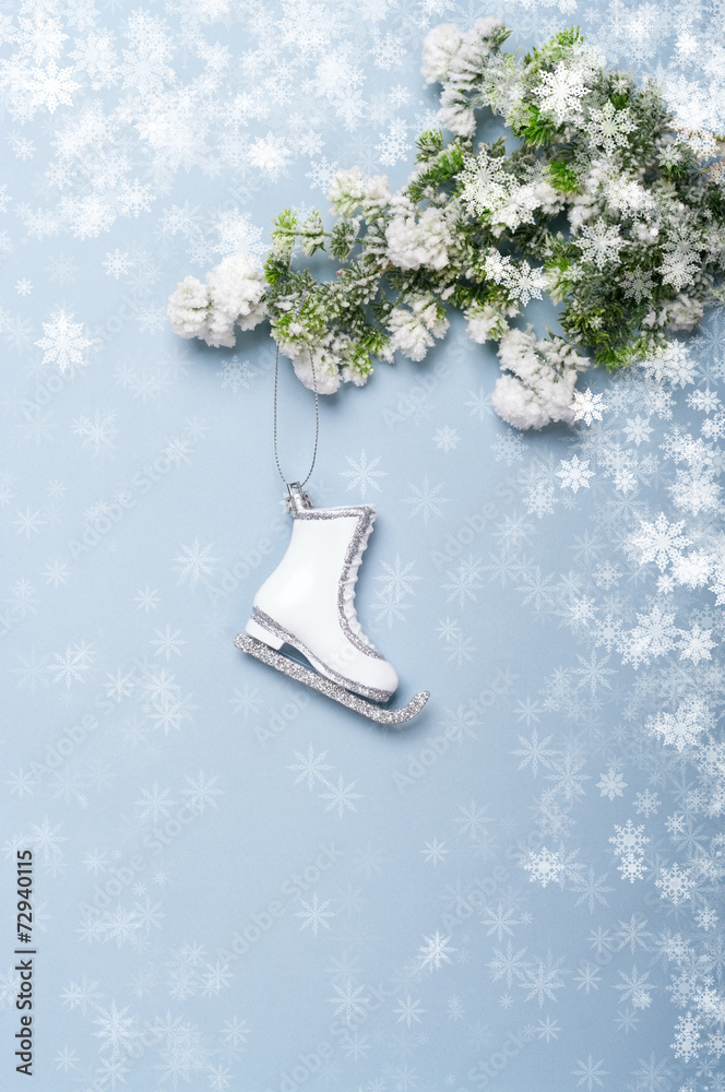 Christmas background with christmas decorations skates