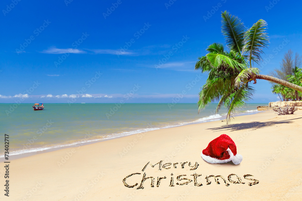 带着热带海滩上的圣诞老人帽圣诞快乐
