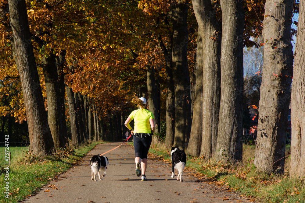 woman running with two dogs on country road