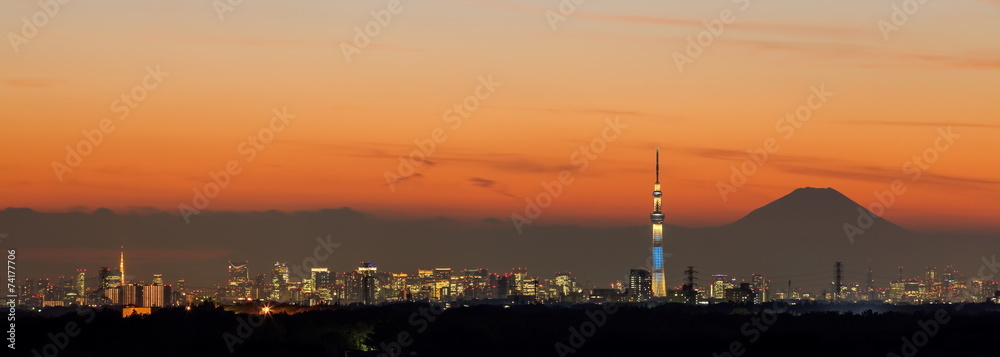 东京城市景观、东京天空树、东京塔和富士山