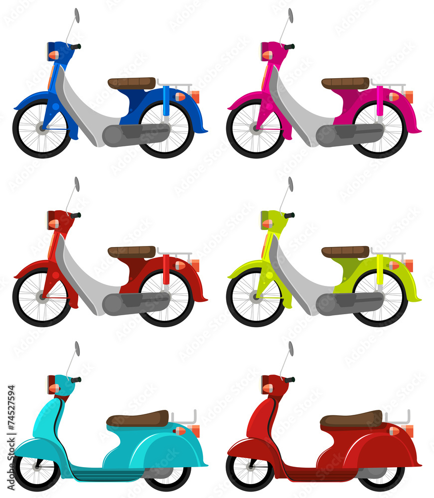 六辆彩色踏板车