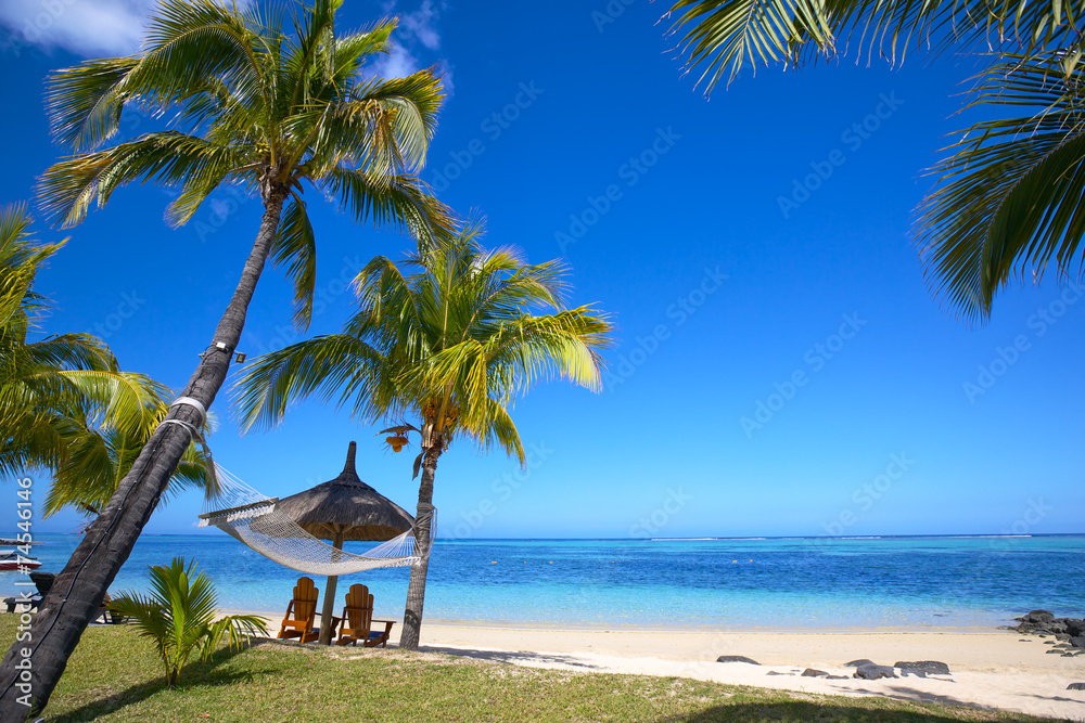 毛里求斯海滩，配有椅子和雨伞