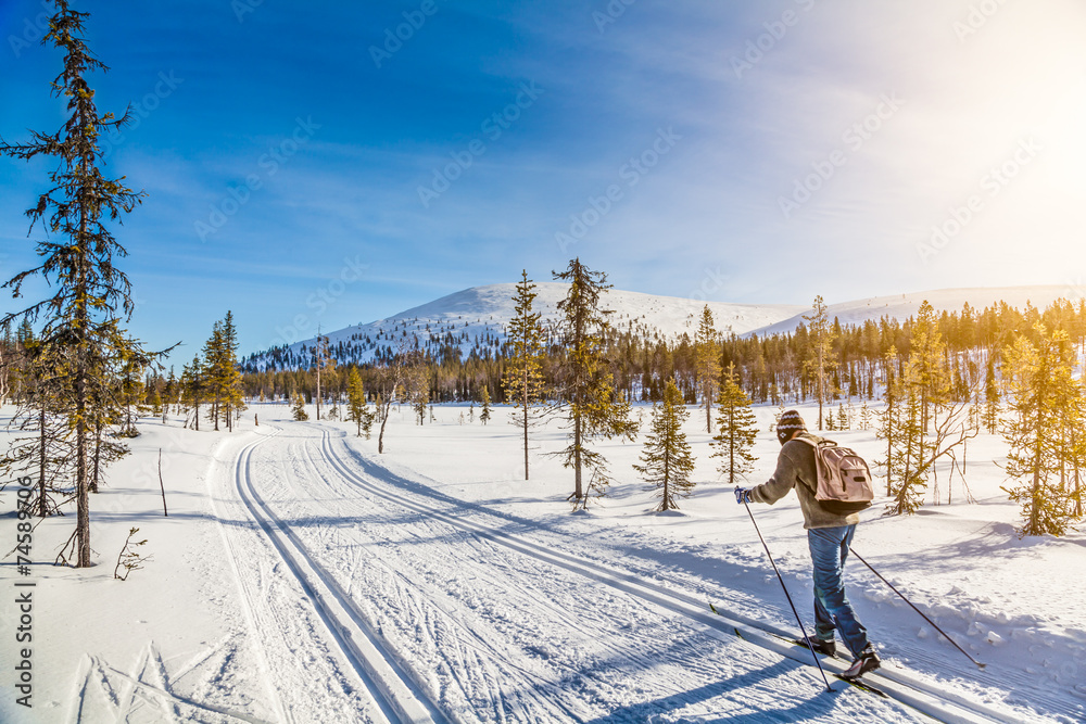 日落时在斯堪的纳维亚冬季风景区越野滑雪