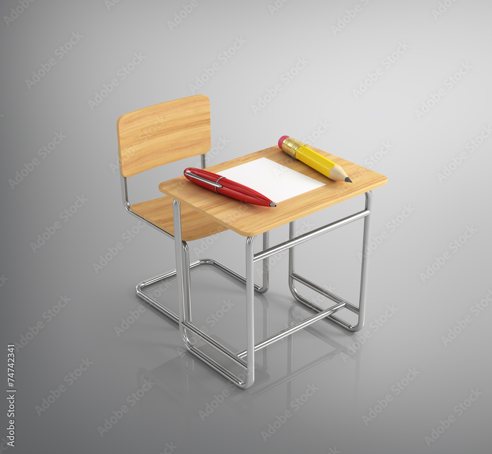 带文具的教室椅子桌