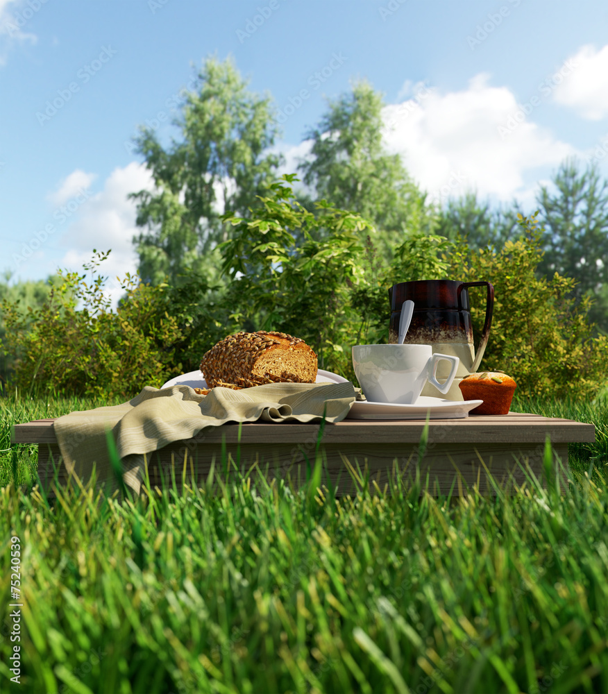 咖啡杯和面包野餐度假放松概念静物