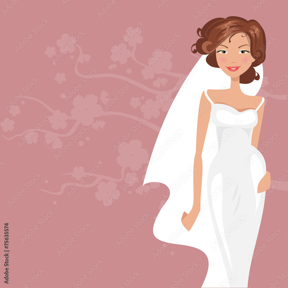 穿着白色连衣裙的新娘。矢量插图