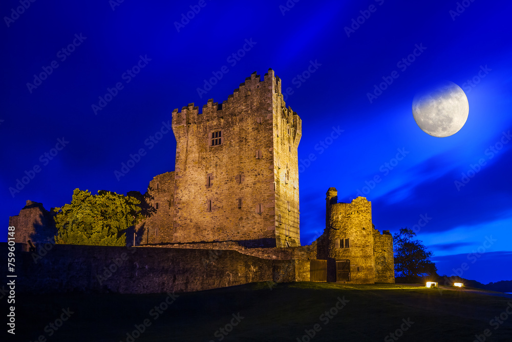 爱尔兰满月之夜的古罗斯城堡