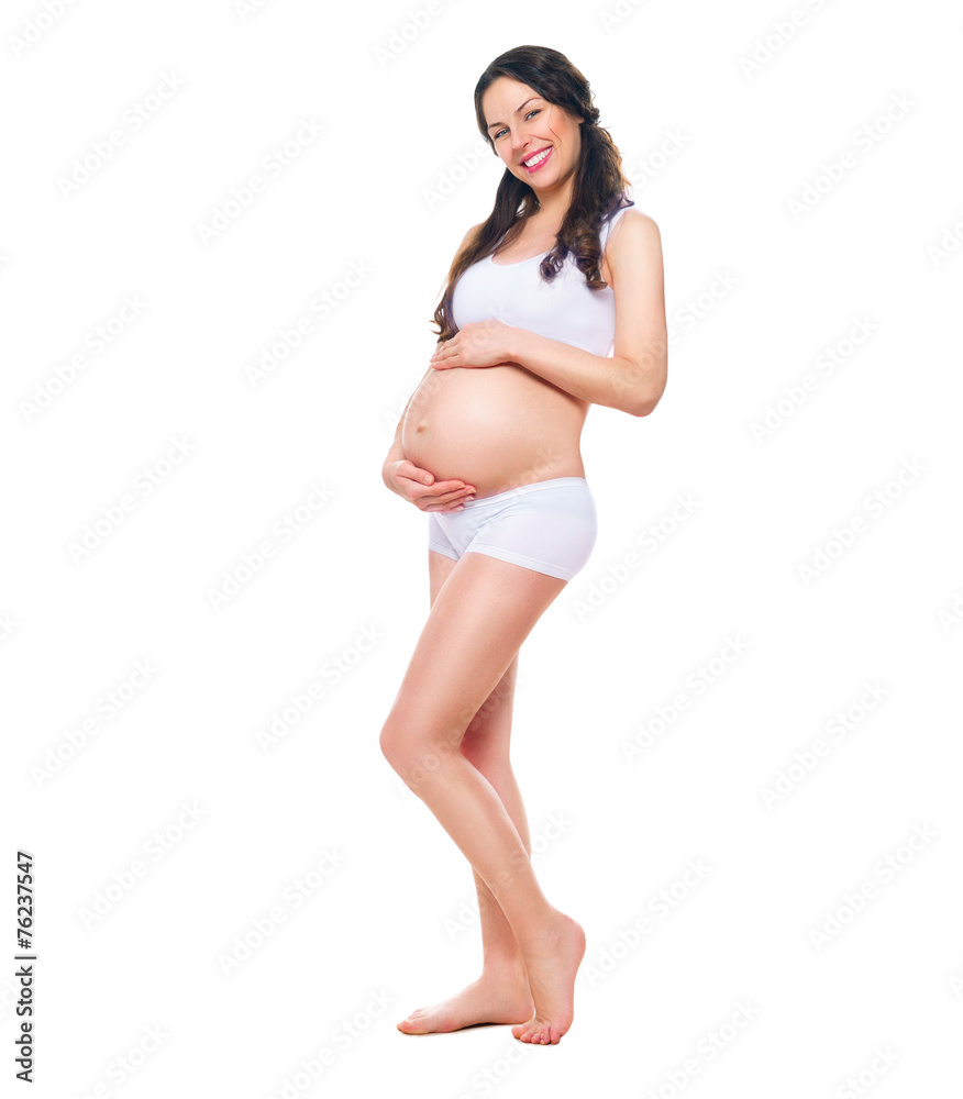 怀孕快乐的女人全身肖像隔离在白色