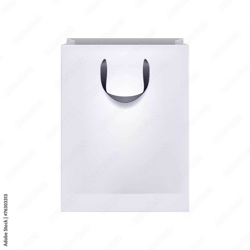 Blank white paper bag with black handles.