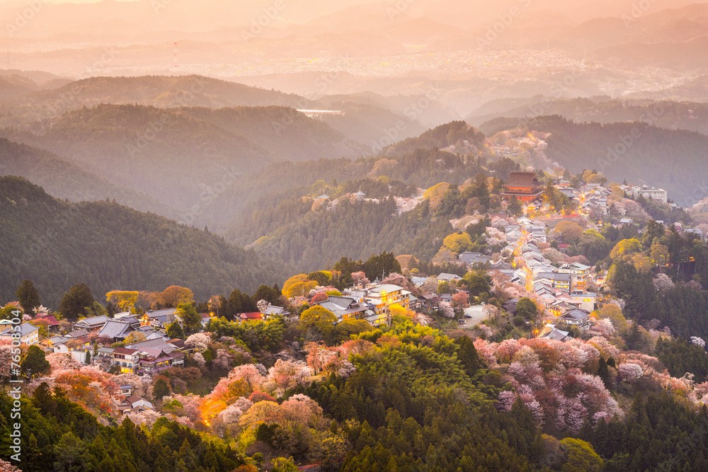 日本奈良吉野山春天的山顶村