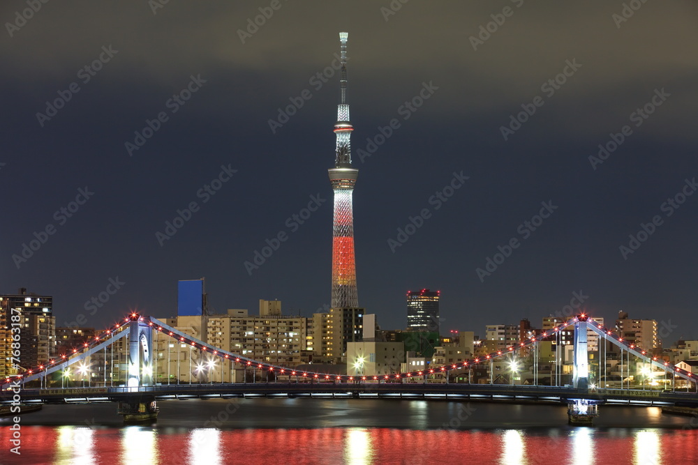 东京城市景观和东京天空树点亮红色圣诞灯