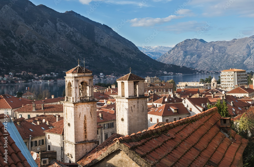 The view over the bay of Kotor, Montenegro, the two towers and t